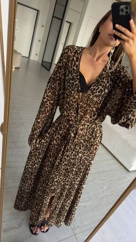 Парео-халат шифон максі на запах лео коричневий, OneSize