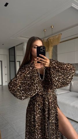 Парео-халат шифон максі на запах лео коричневий, OneSize