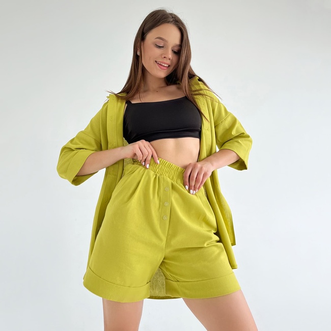 Льняний костюм (сорочка+шорти) оливка, Жовтий, L, Льон