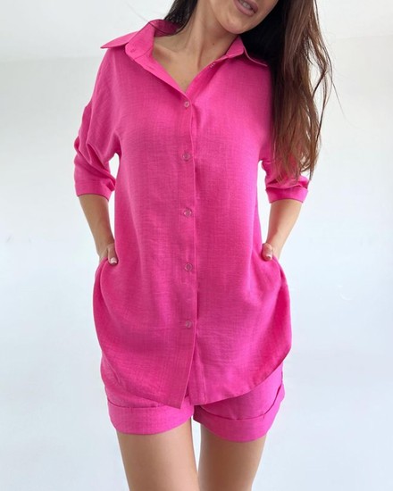 Льняний костюм (сорочка+шорти) малина, Рожевий, M, Льон