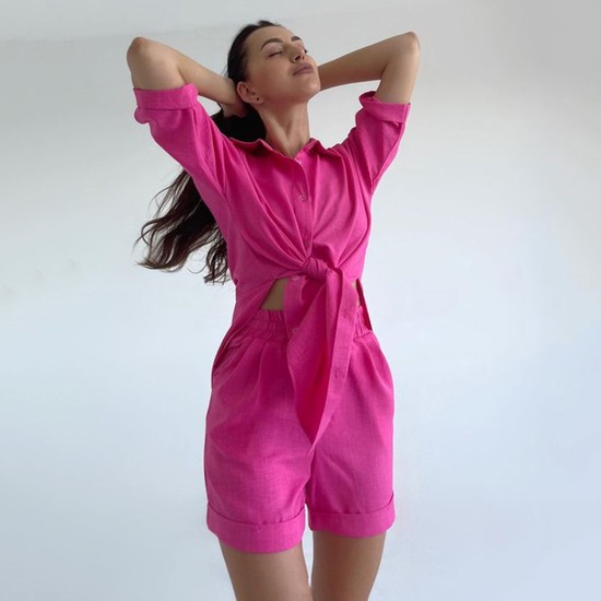 Льняний костюм (сорочка+шорти) малина, Рожевий, M, Льон