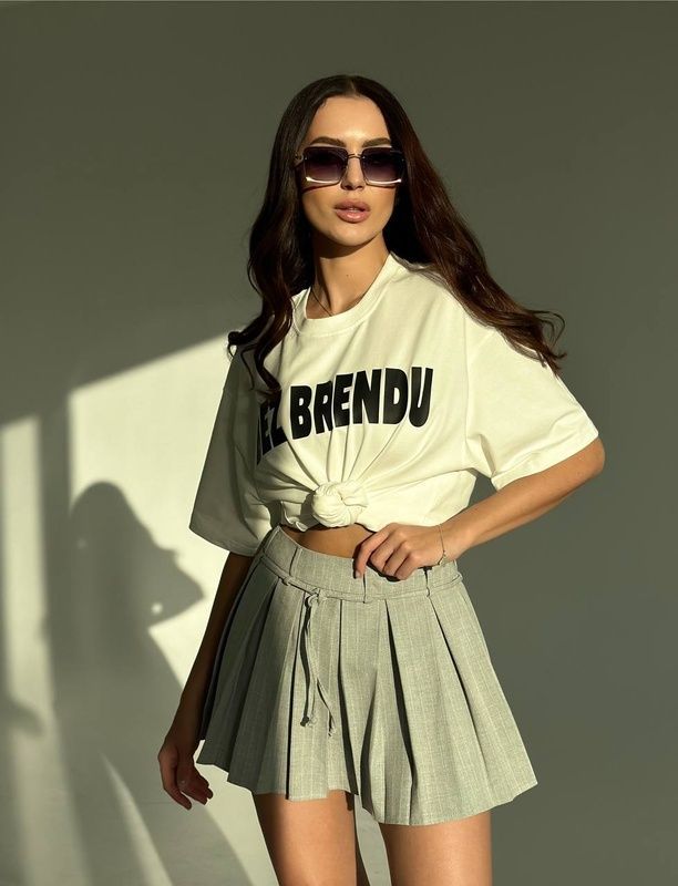 Спідниця костюмна полоска плісе з шортами Casual 2 сіра