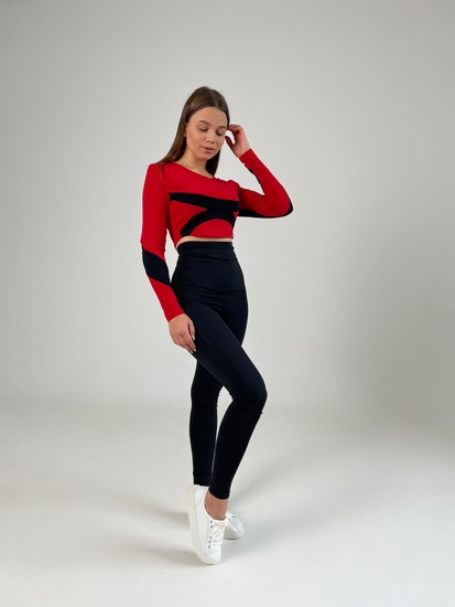 Спортивний костюм (лосини+рашгард) червоний+чорний, Чорний, XS, Біфлекс