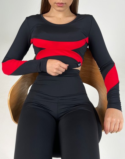 Спортивний костюм (лосини+рашгард) чорний+червоний, Чорний, XS, Біфлекс