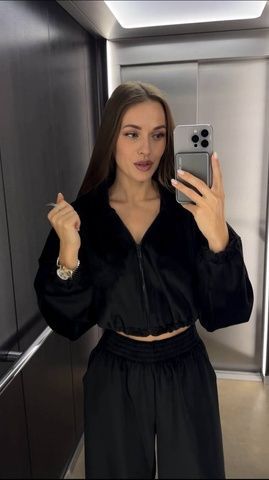 Костюм двосторонній велюр жіночий кофта під кулісу + штани кльош чорний
