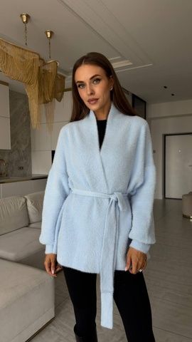 Кардиган короткий з поясом в'язка ангора небесний, One Size