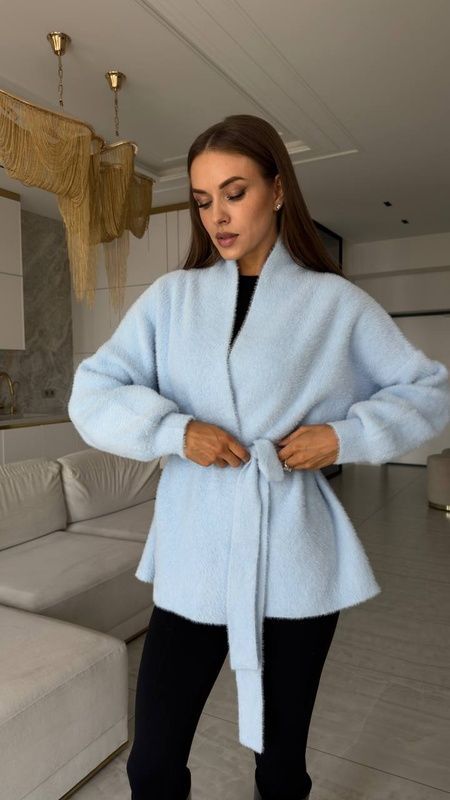 Кардиган короткий з поясом в'язка ангора небесний, One Size