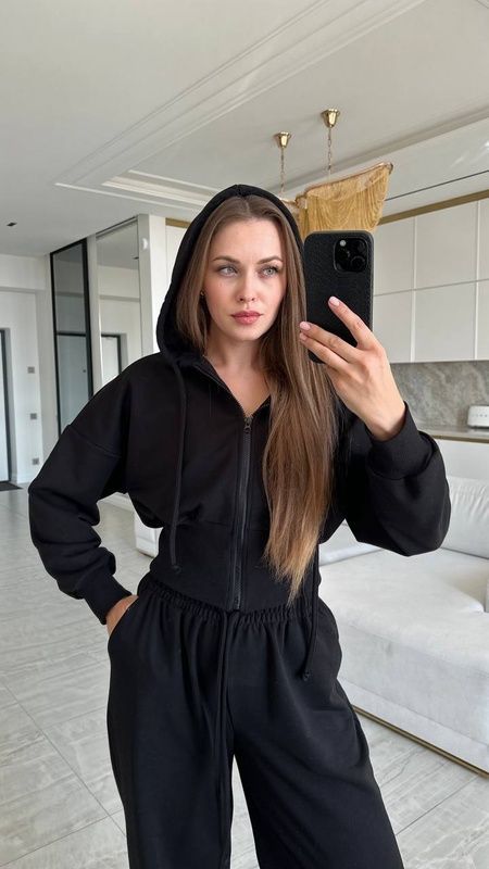 Костюм жіночий трьохнитка петля коротка кофта та широкі штани sport2 чорний