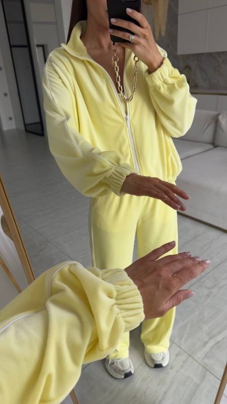 Костюм велюр-спорт жіночий зі стійкою та кантами лимонний, XS-S